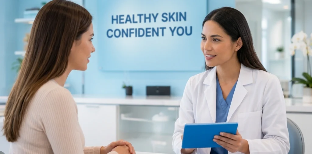 Doctor using Guarderia clinic management software on a tablet during a patient consultation.