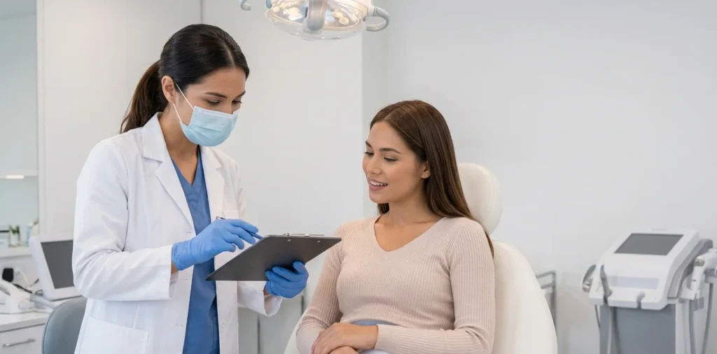 A medical practitioner using Guarderia clinic management software to update patient notes and clinic operations records.