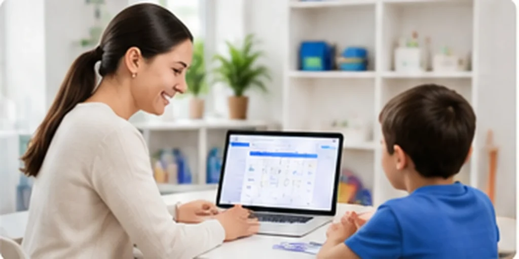 Therapist reviewing an appointment schedule with a child