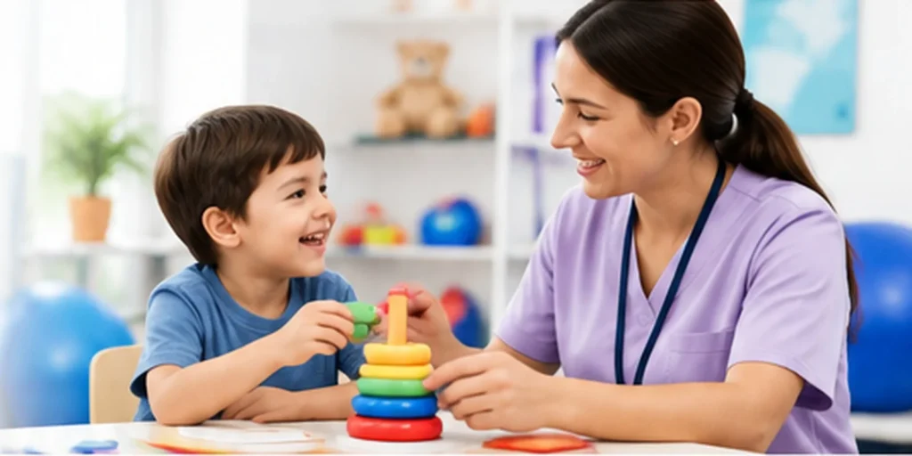 Therapist working with a child in a special needs center