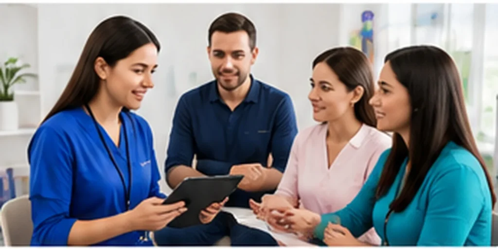 Therapy center team reviewing participant and staff information