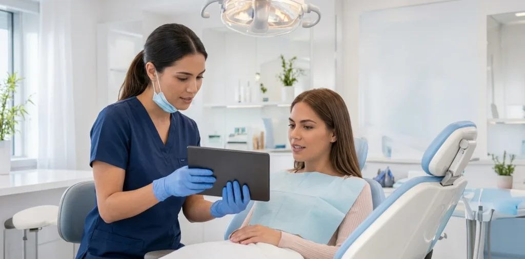 Dental clinic staff using Guarderia management software on a tablet to track treatment performance and daily records.