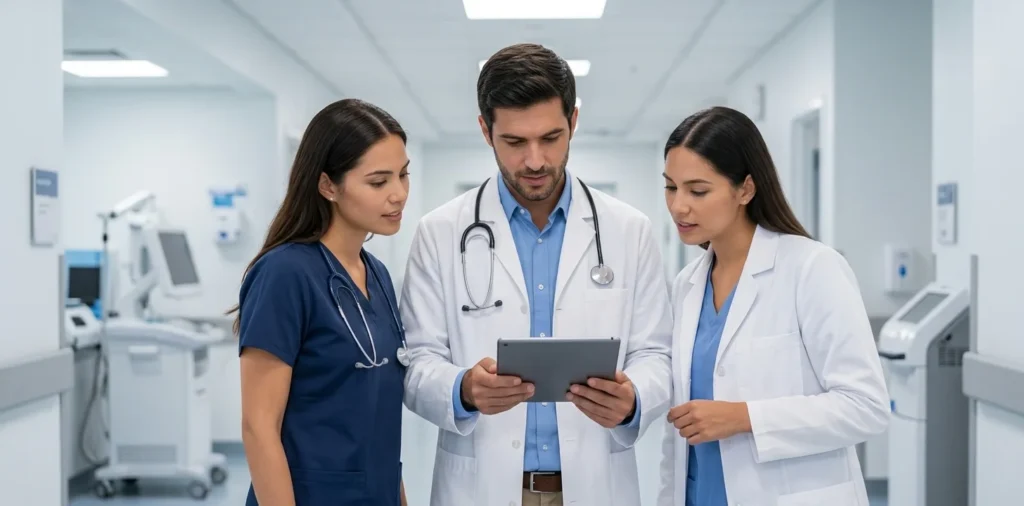 Medical staff reviewing treatment plans and invoicing details on a tablet using clinic management software.